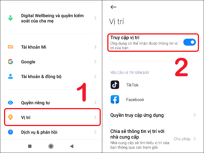 Bật quyền truy cập vị trí cho Xiaomi Redmi